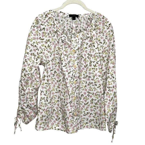 J Crew Shirt Womens Small White Pink Floral Button Front Tie Neck Long Sleeve - Picture 1 of 6